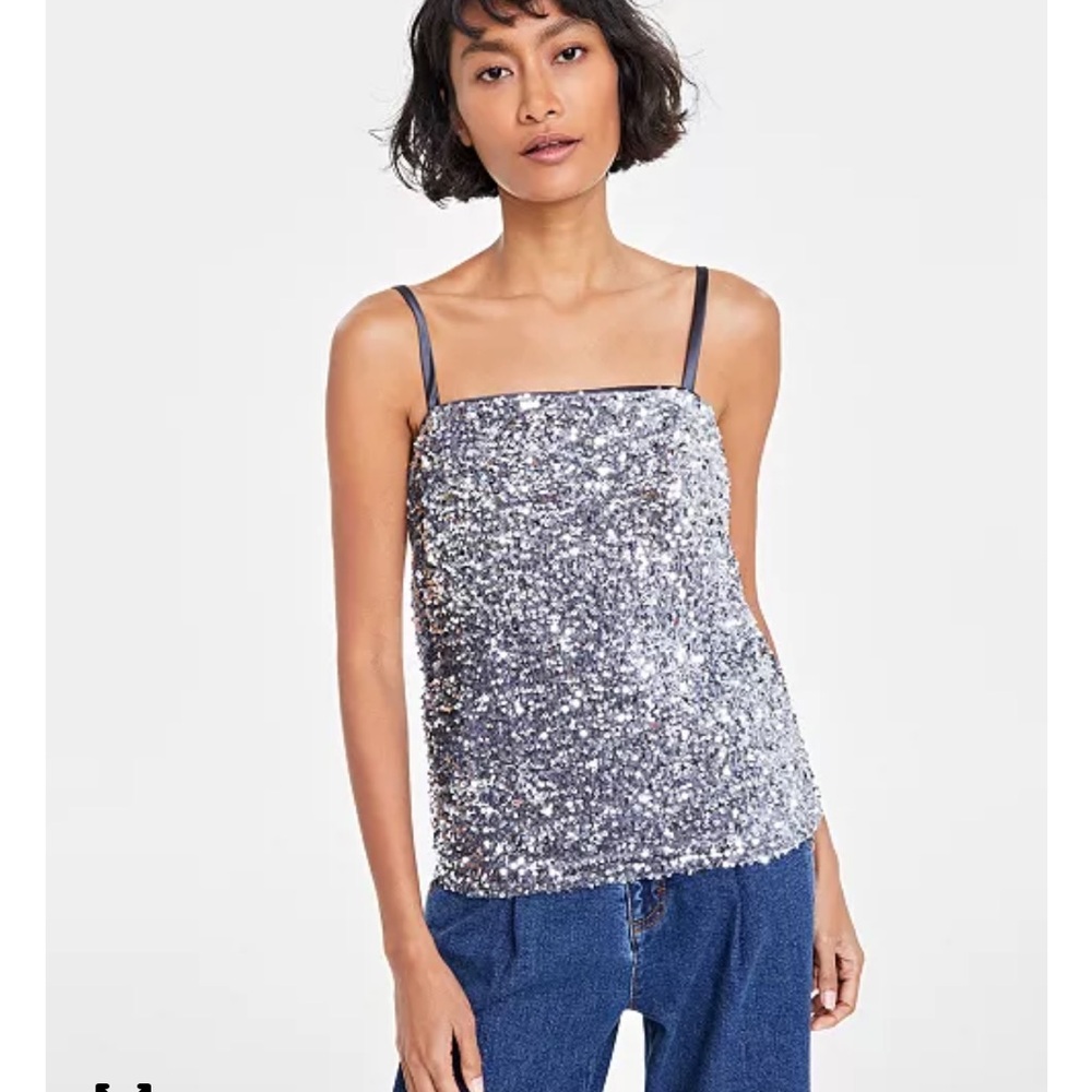 Silver Sequin Women's Top with adjustable straps.